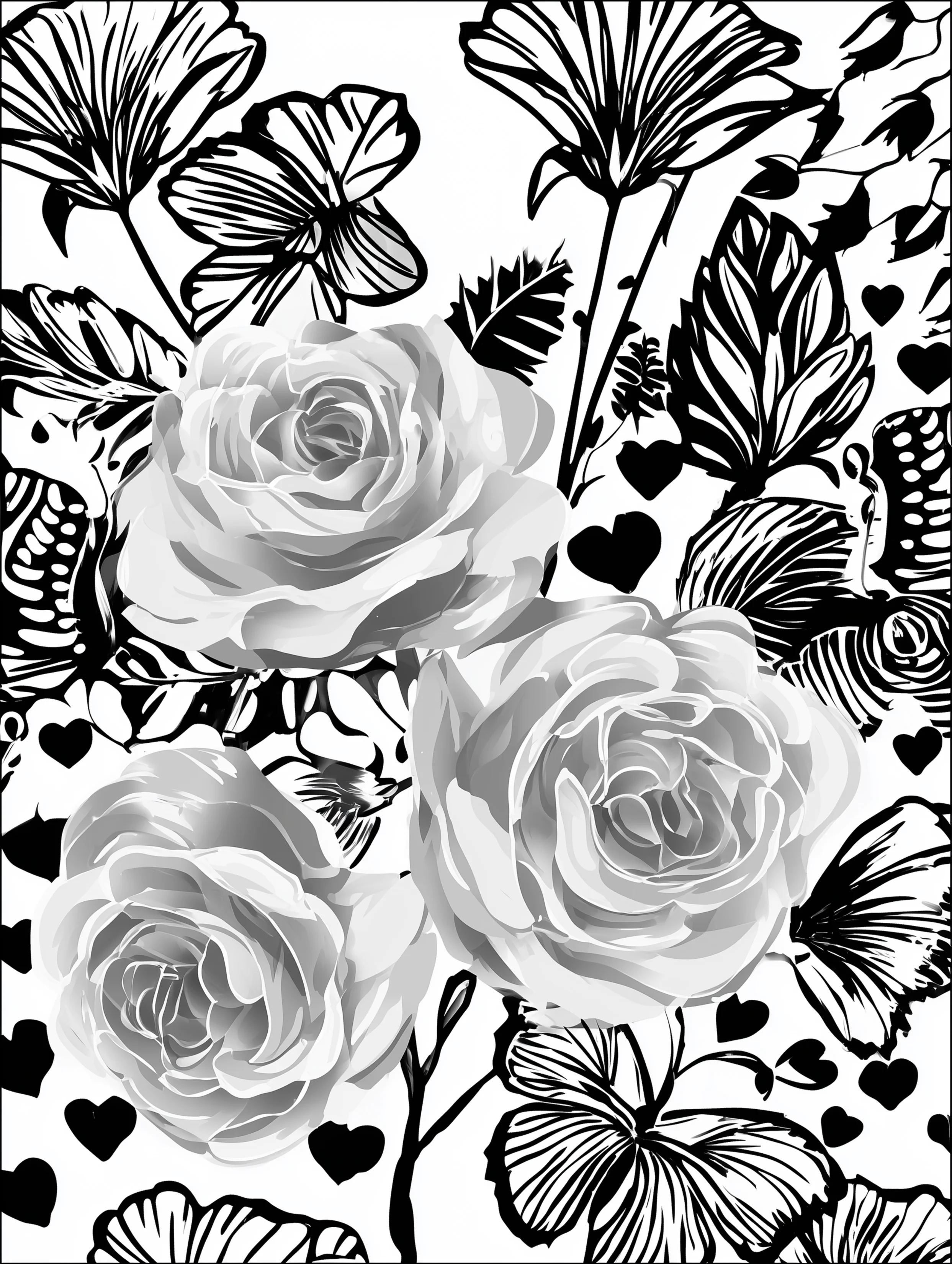 Free printable rose coloring page for adults featuring fanned flowers and roses
